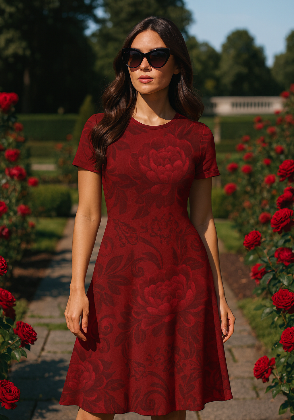 Royal Burgundy Rose A-Line Dress - Dramatic Floral Print