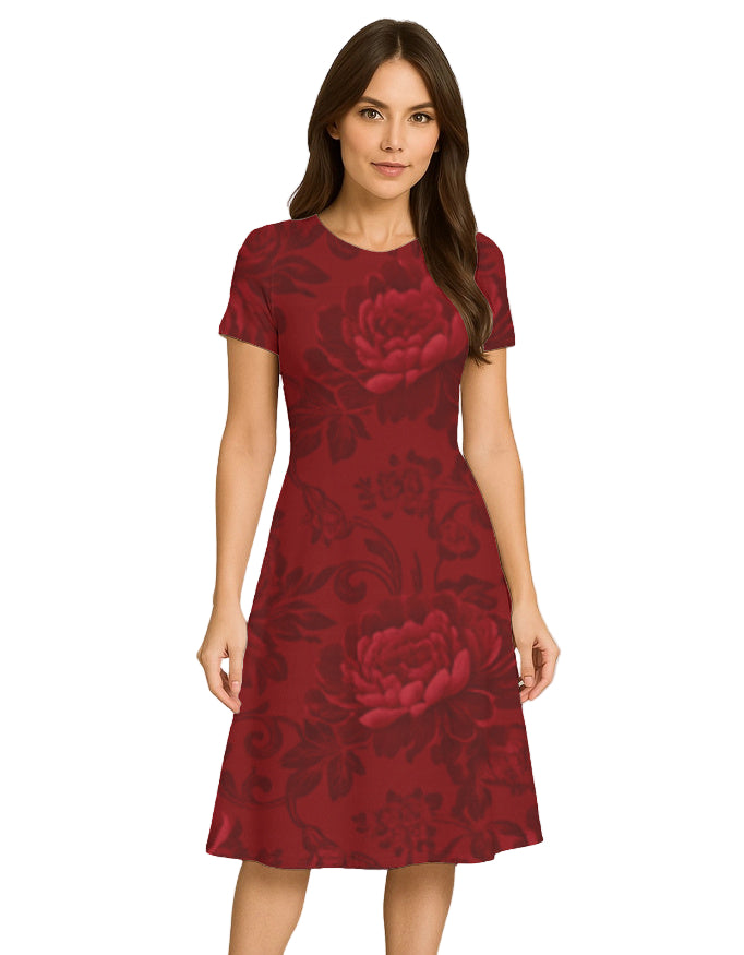Royal Burgundy Rose A-Line Dress - Dramatic Floral Print